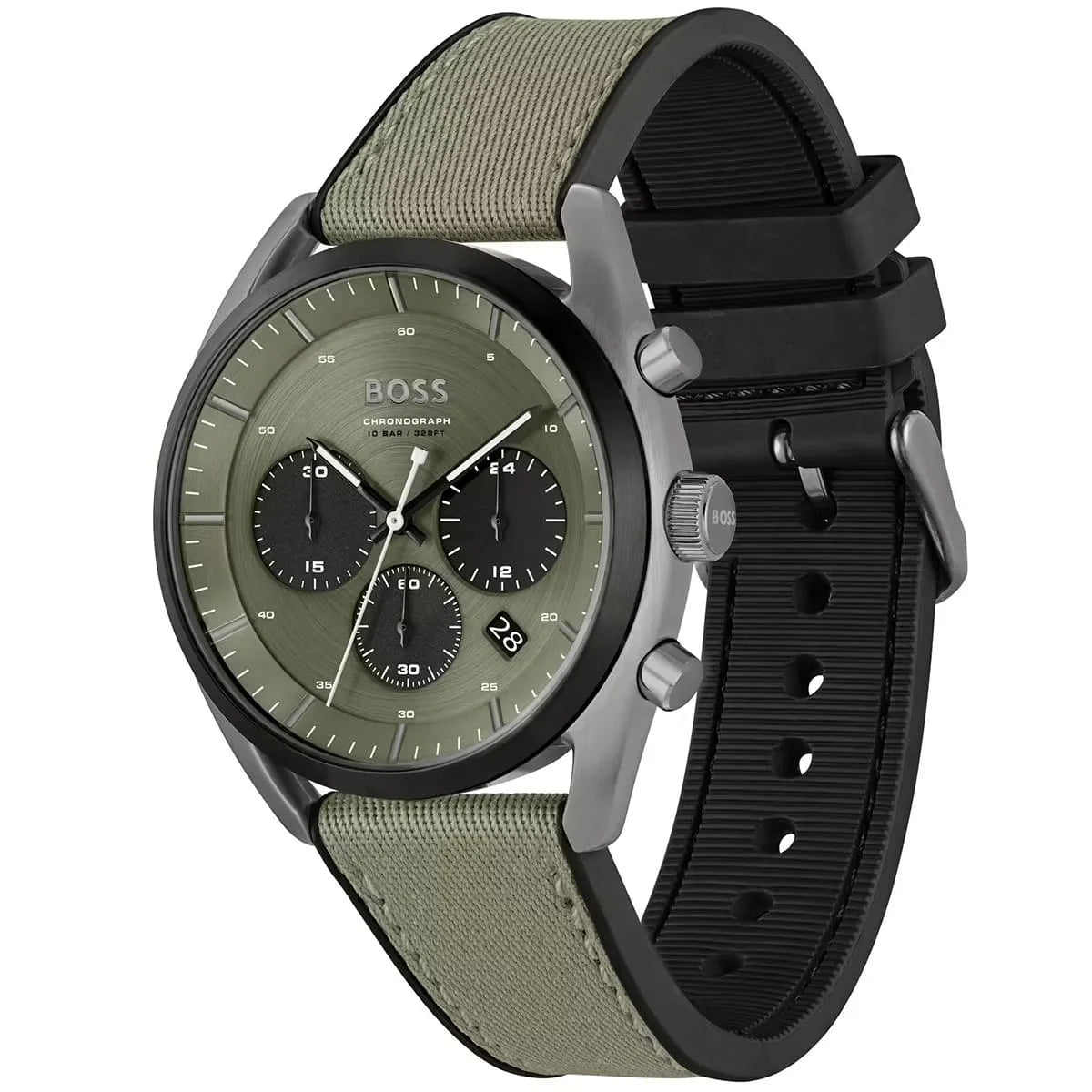 Hugo Boss Top watch angle view showing olive green dial with chronograph subdials and interchangeable black rubber strap