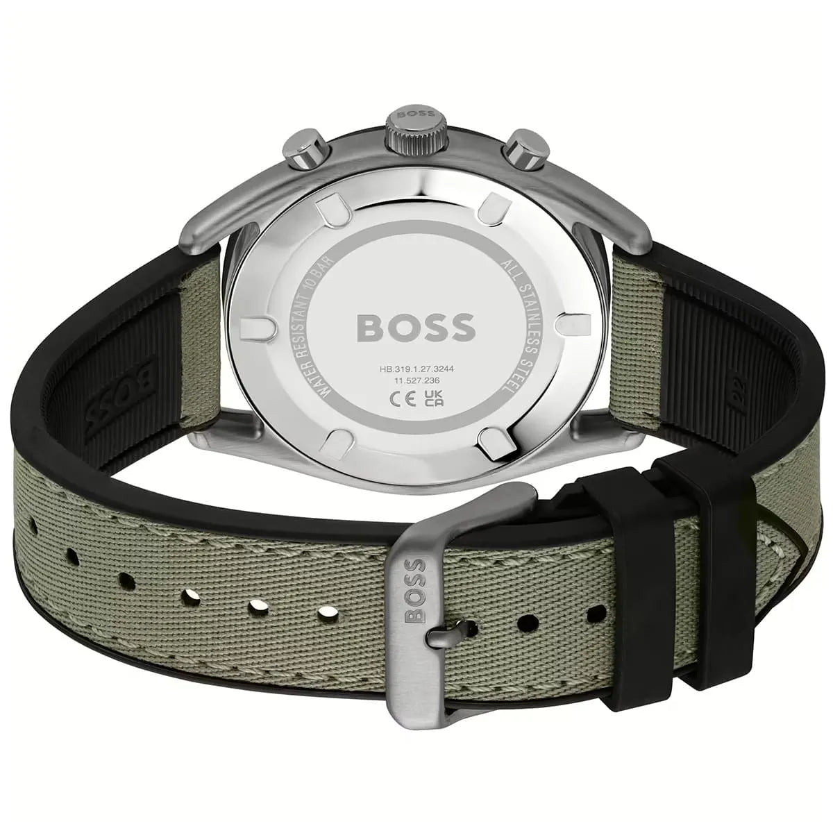 Hugo Boss Top watch caseback showing stainless steel case back with model information and CE marking