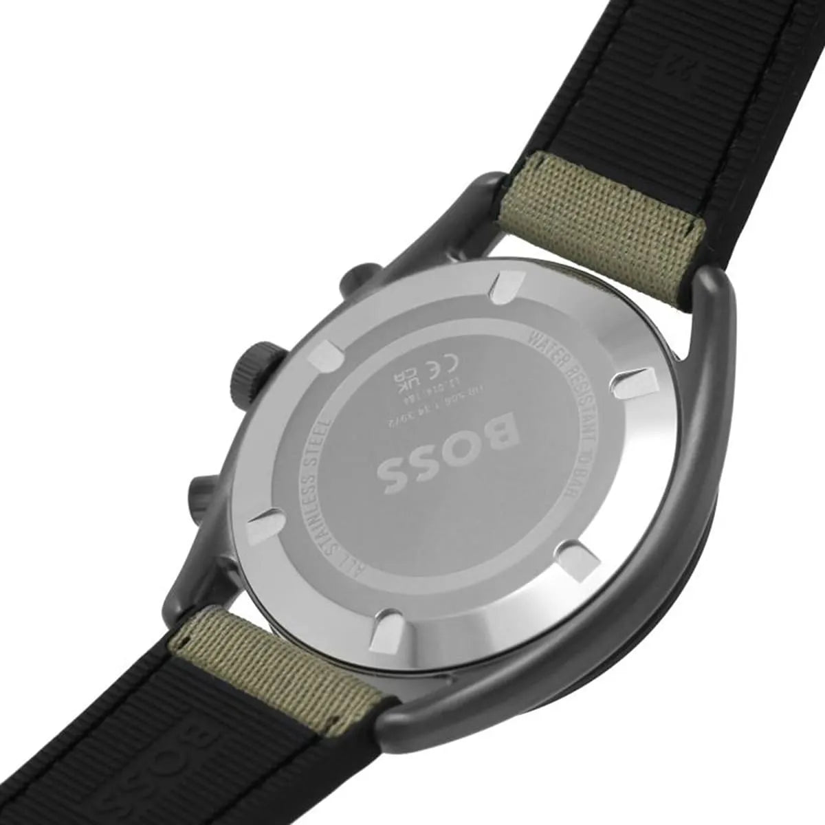 Close-up detail of Hugo Boss Top olive green chronograph dial with three subdials and hour markers