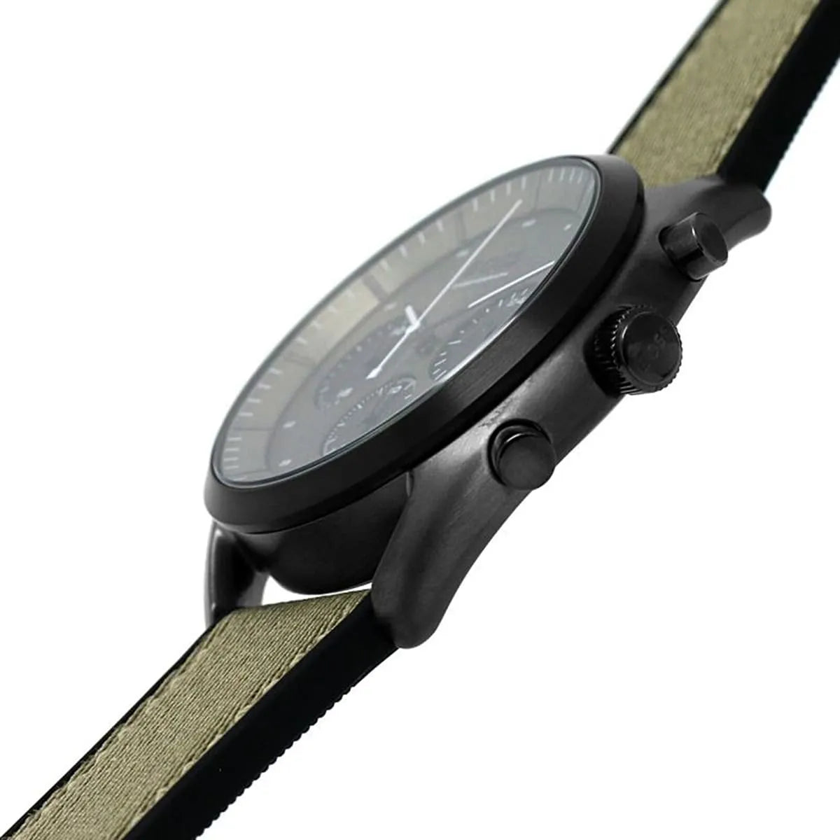 Hugo Boss Top watch side profile showing chronograph pushers and sapphire crystal against olive green strap