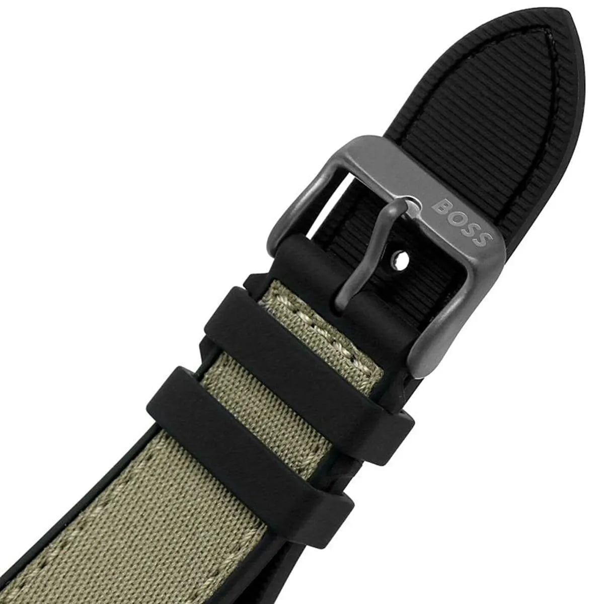Hugo Boss Top watch strap and buckle system showing interchangeable olive and black silicone straps with secure fastening