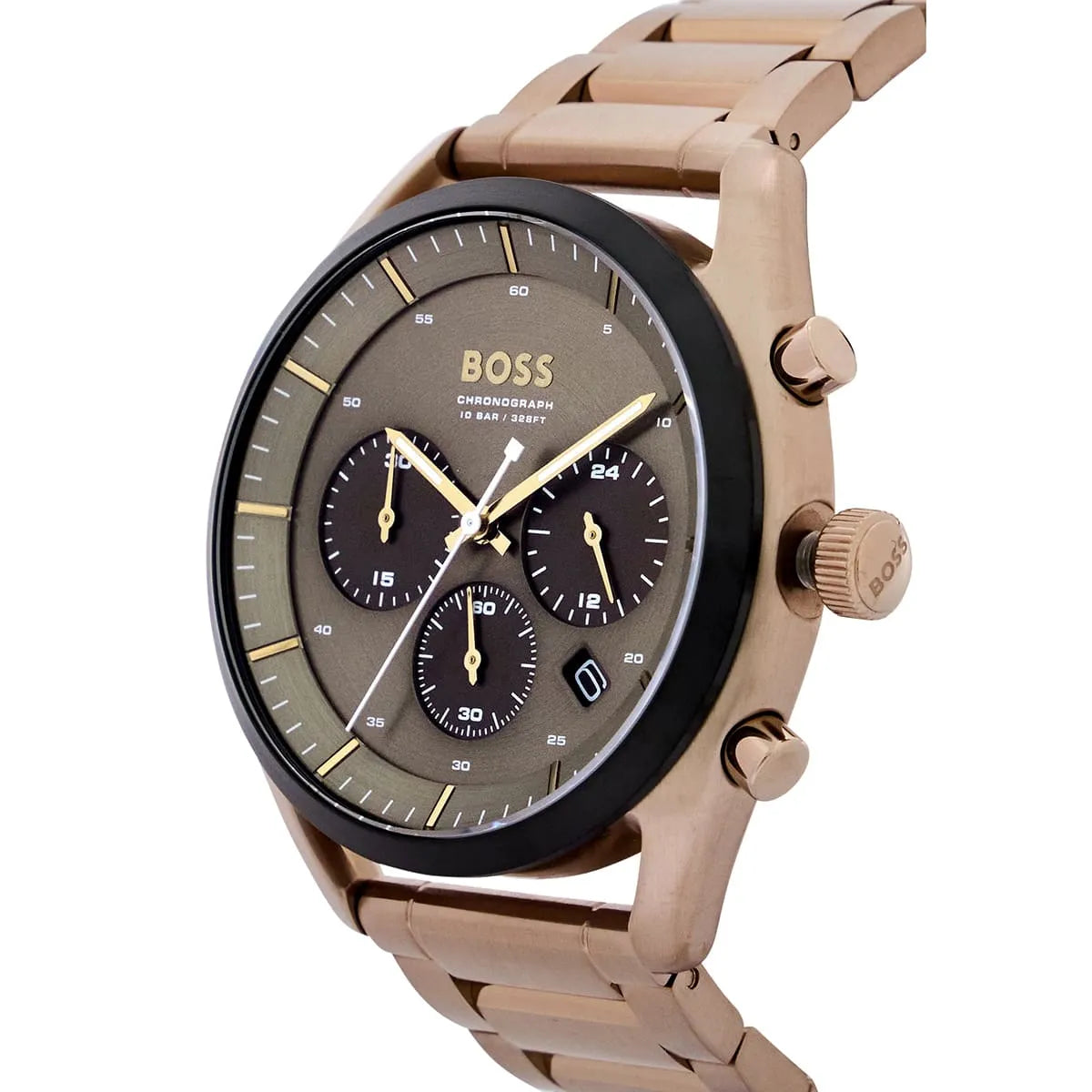 Hugo Boss Top 44MM chronograph with grey dial, chronograph subdials, and rose gold bracelet