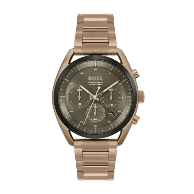 Hugo Boss Top 44MM quartz chronograph watch with grey dial and rose gold bracelet