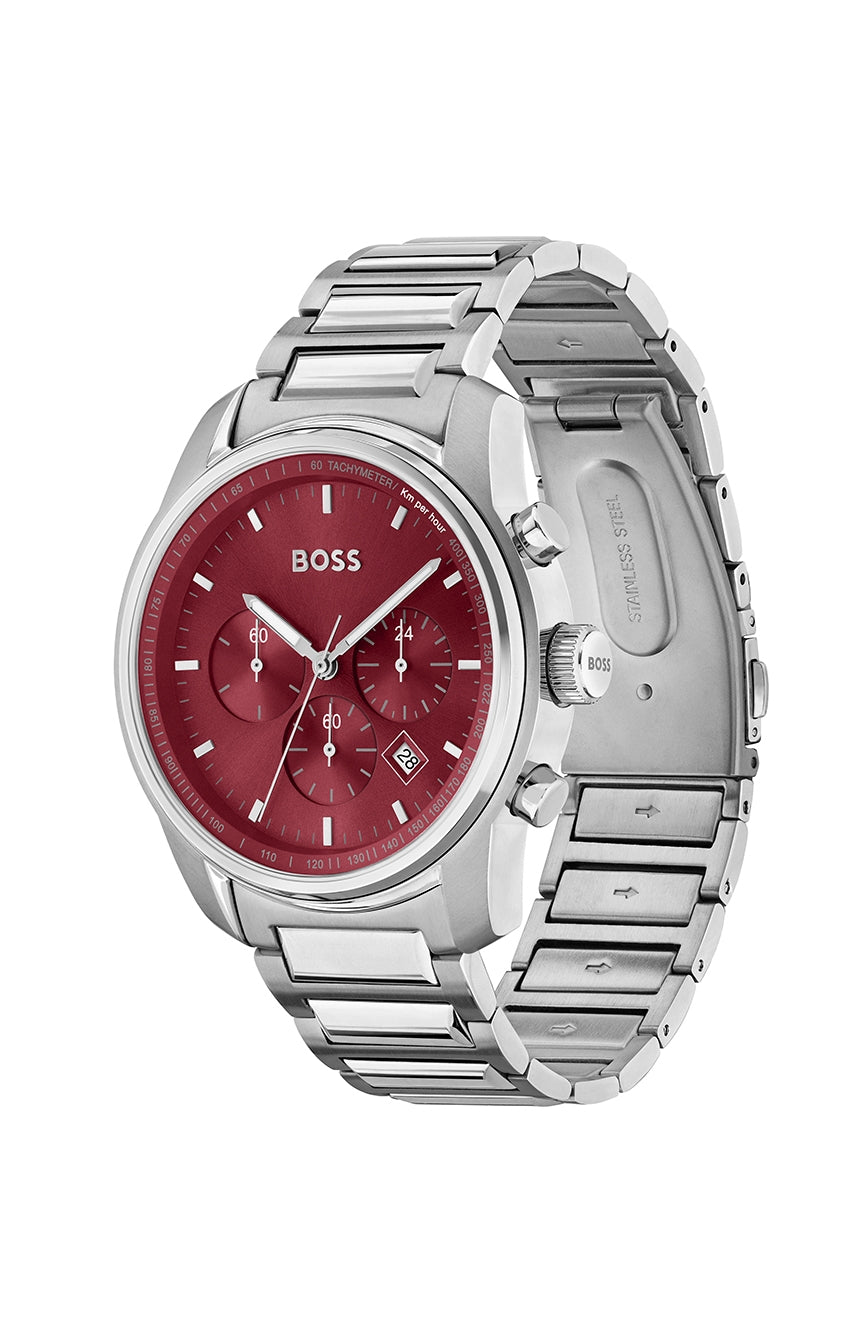 Hugo Boss Trace chronograph watch showing burgundy dial and stainless steel bracelet at angle