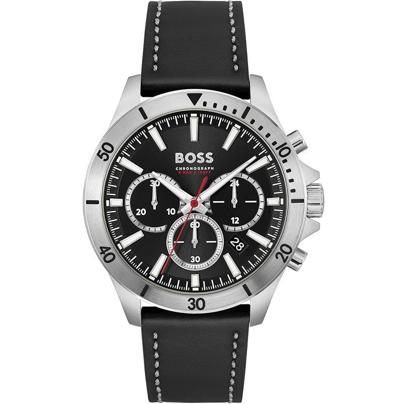 Hugo Boss Troper chronograph watch with black dial and silver case on black leather strap