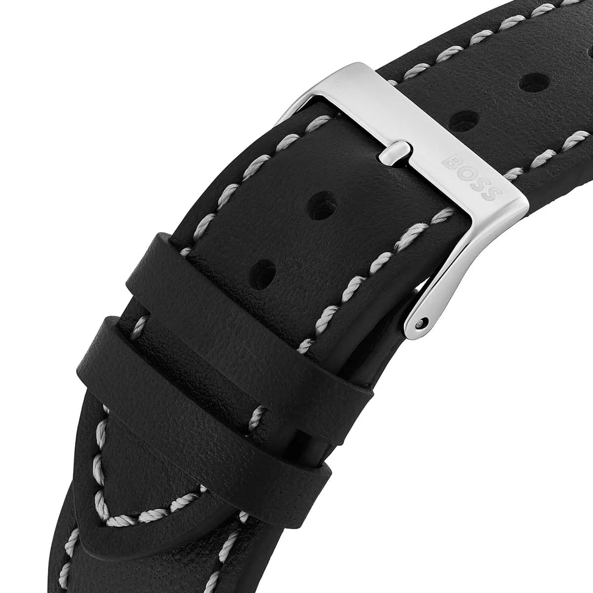 Hugo Boss Troper black leather strap with white stitching and stainless steel buckle
