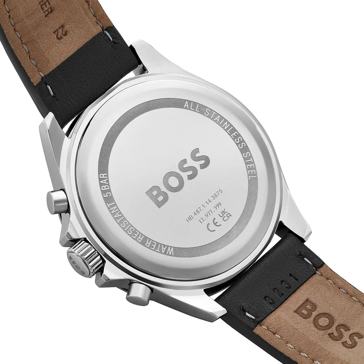Hugo Boss Troper black leather strap with white contrast stitching and metal clasp detail