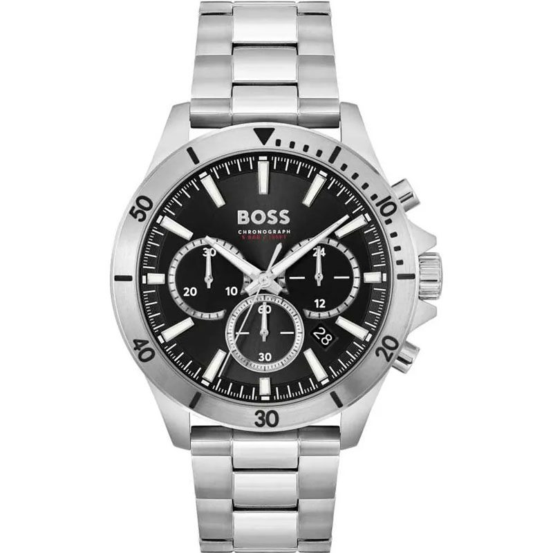 Hugo Boss Troper chronograph watch with black dial and silver stainless steel bracelet