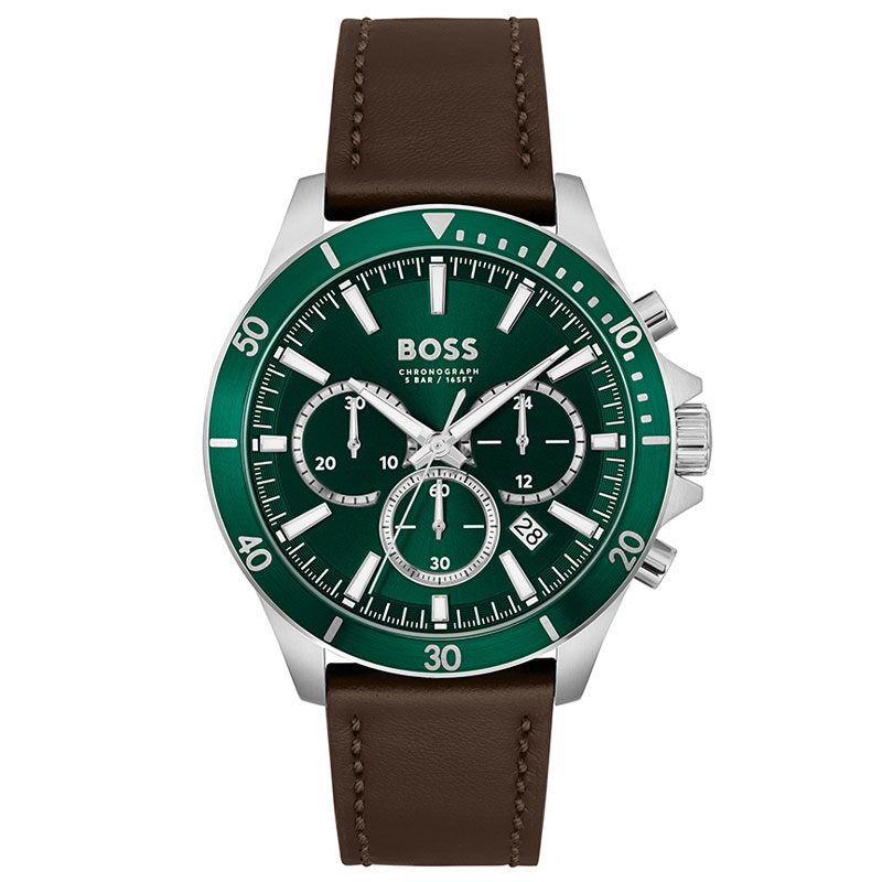 Hugo Boss Troper chronograph watch with green dial and brown leather strap