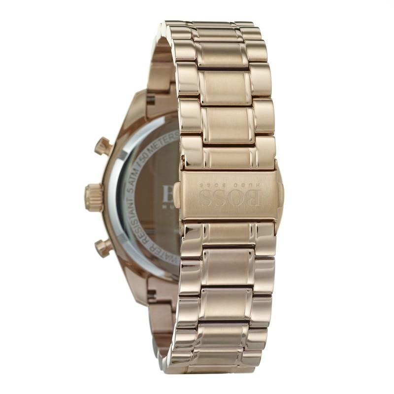 Hugo Boss Trophy watch caseback and rose gold link bracelet detail