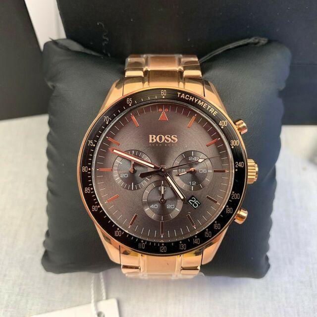 Hugo Boss Trophy chronograph on display pillow with grey dial and rose gold case
