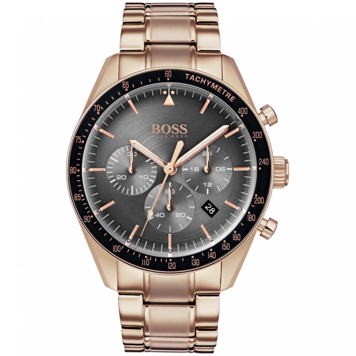 Hugo Boss Trophy chronograph watch with grey dial, rose gold case, and black tachymeter bezel