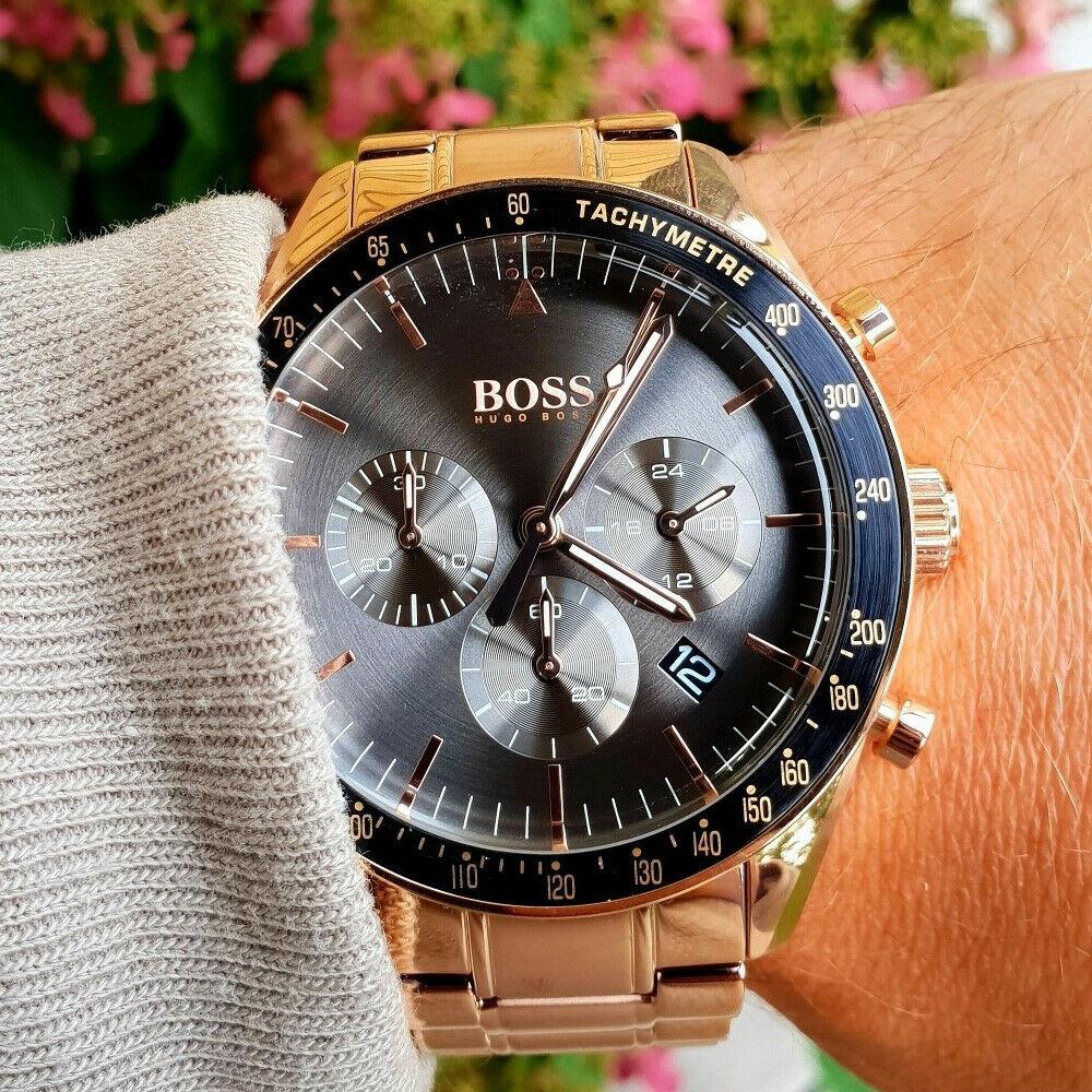 Hugo Boss Trophy chronograph on wrist with grey sunburst dial and tachymeter bezel