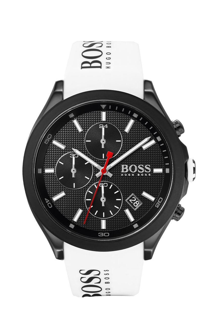 Hugo Boss Velocity black dial chronograph watch with white silicone strap