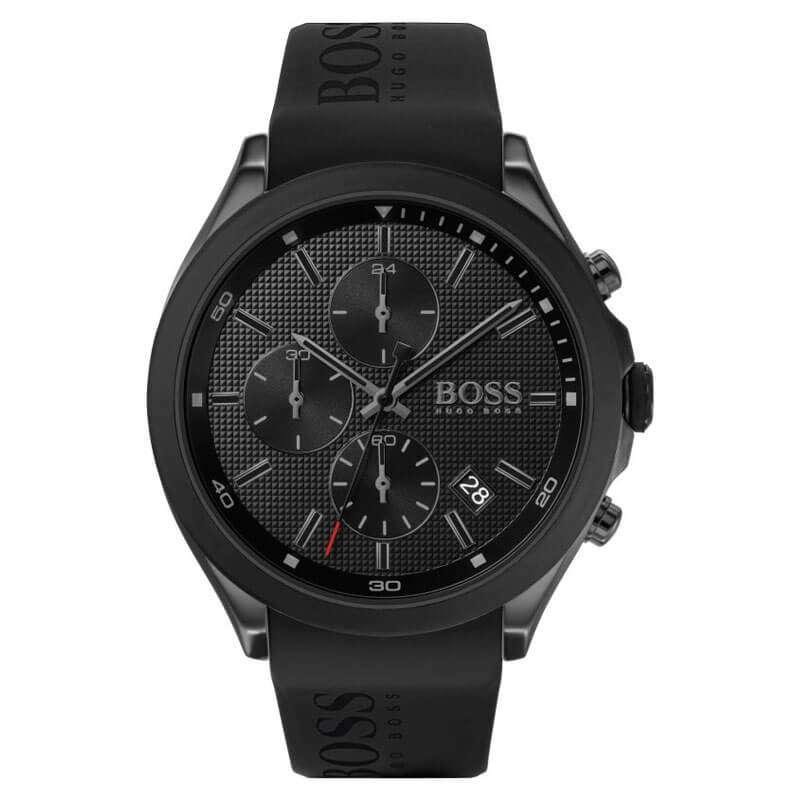 Hugo Boss Velocity chronograph watch with black dial and three subdials, black rubber strap