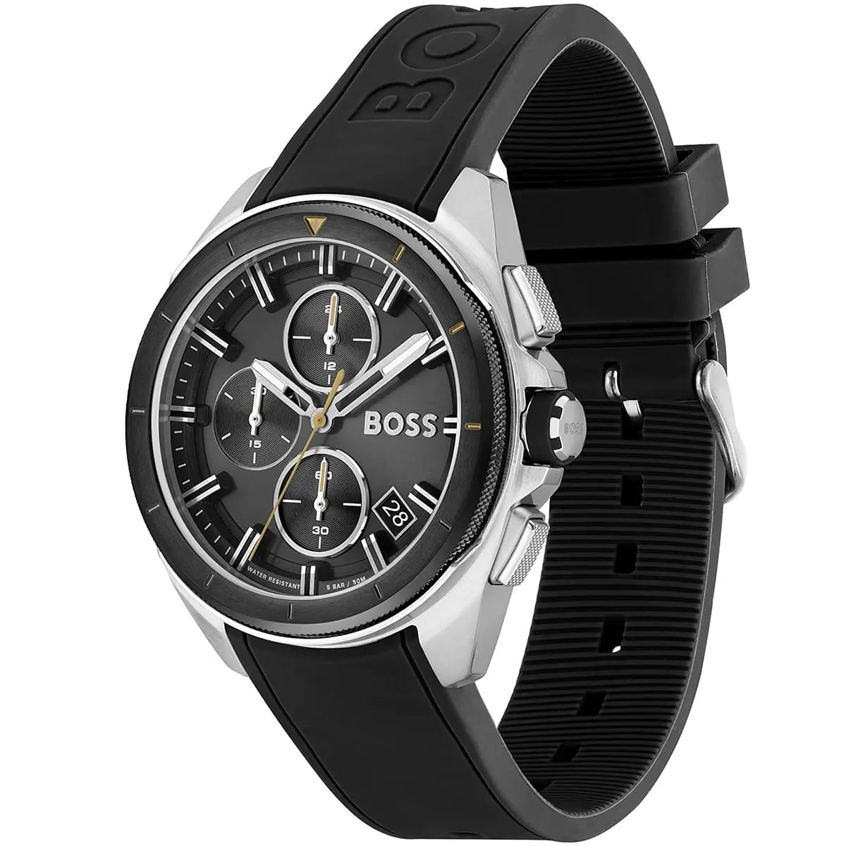 Hugo Boss Volane chronograph watch angled view with black silicone strap