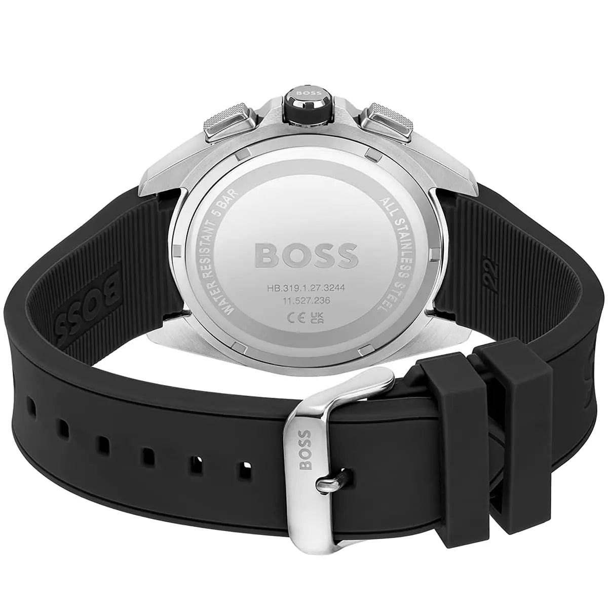 Hugo Boss Volane watch with black silicone strap and white metal buckle