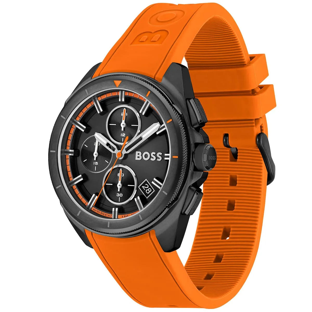 Hugo Boss Volane men's watch on wrist showing orange strap texture and black case with chronograph subdials
