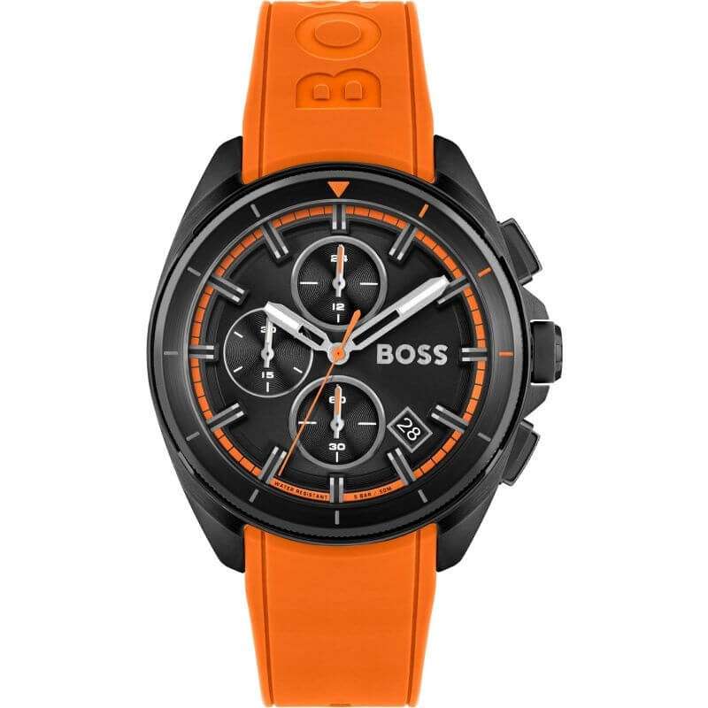Hugo Boss Volane chronograph watch with black dial, three subdials, and orange silicone strap