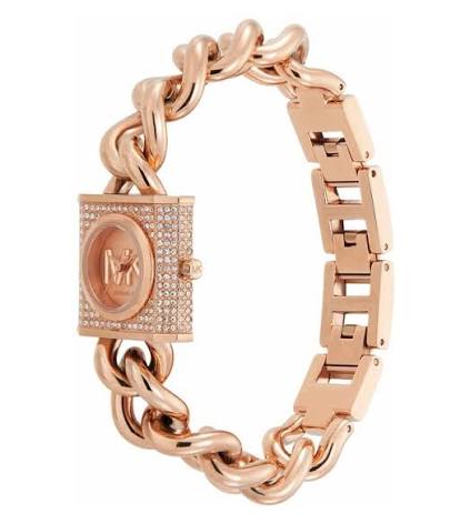 Michael Kors MK Chain Lock Quartz Crystal Rose Gold Dial Ladies Watch MK4827