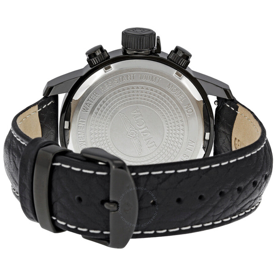 Case back showing Invicta branding and water resistant markings with black leather strap