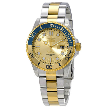 Invicta Pro Diver quartz watch with gold dial, two-tone steel and gold bracelet, blue bezel