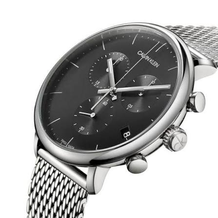 Angled view of Calvin Klein City watch showing case and mesh bracelet