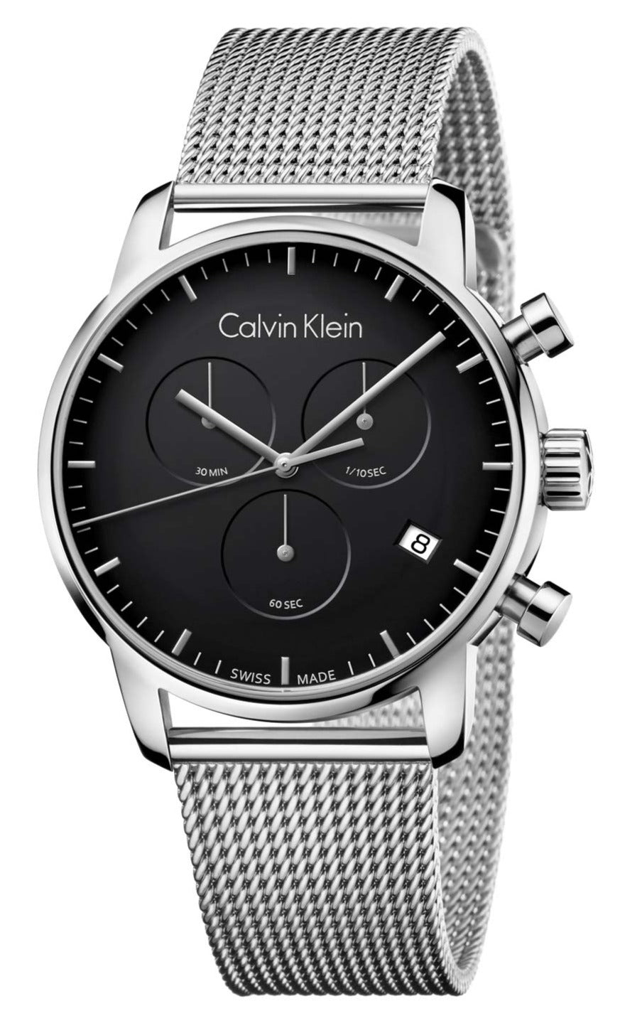 Calvin Klein City chronograph watch with black dial and silver mesh bracelet