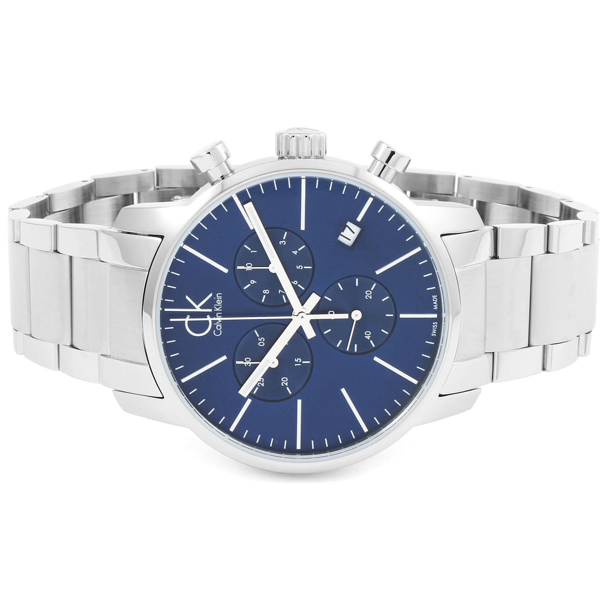 Angled view of Calvin Klein City chronograph with blue dial and three subdials visible