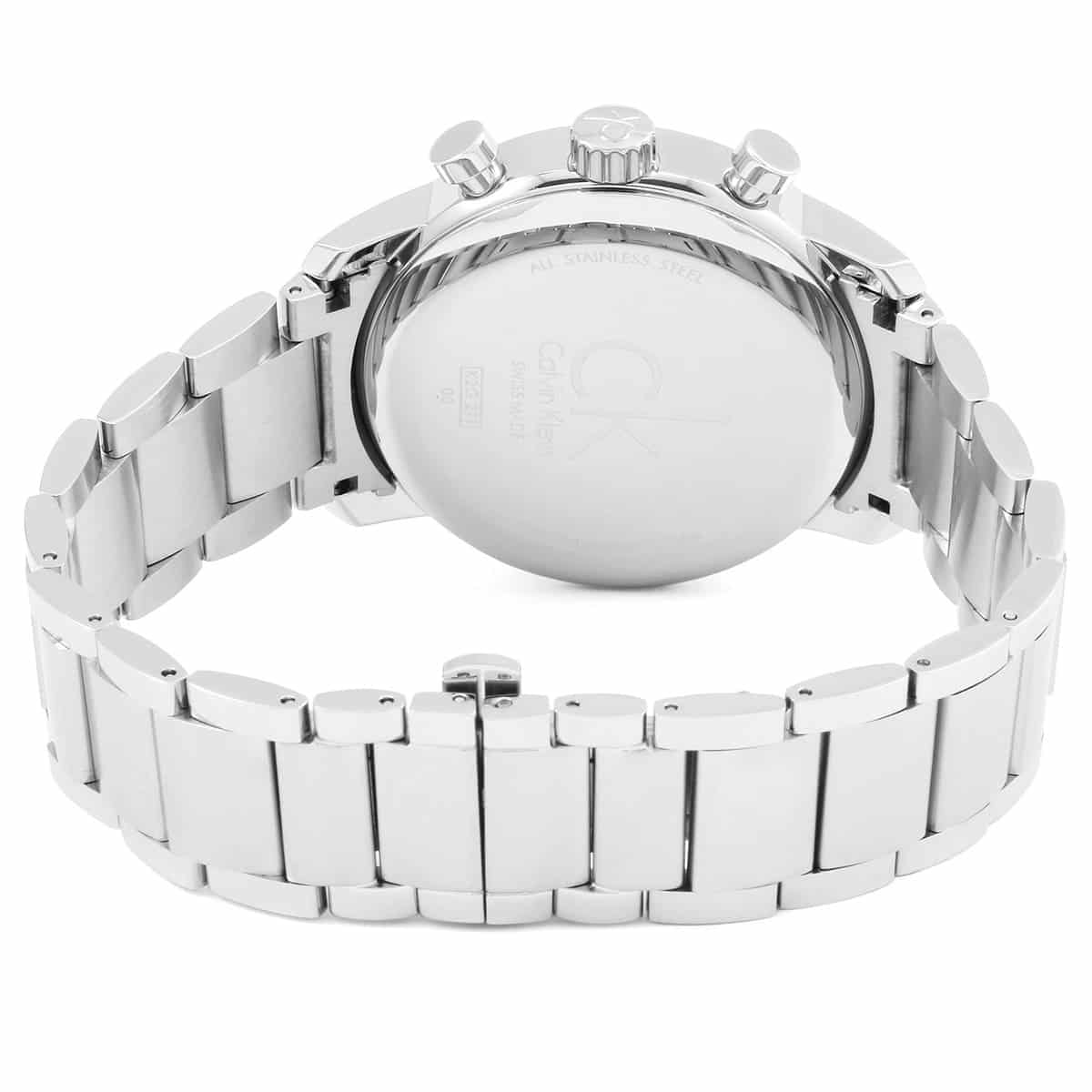 Back view of stainless steel watch case with deployment clasp bracelet