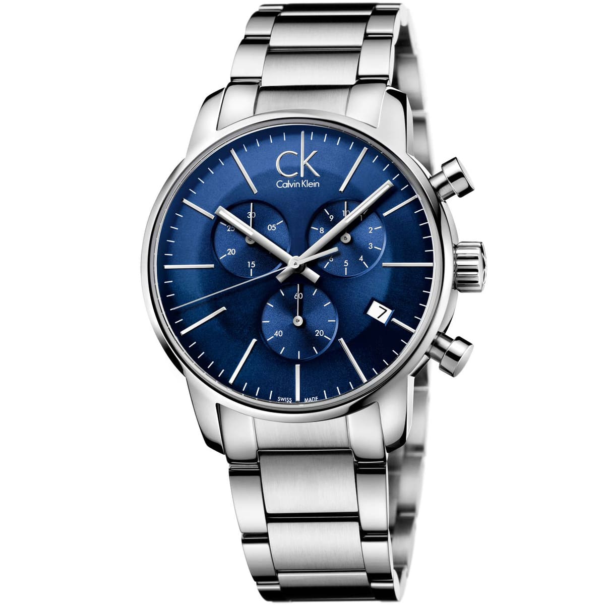 Calvin Klein City men's quartz chronograph watch with blue dial and silver stainless steel bracelet