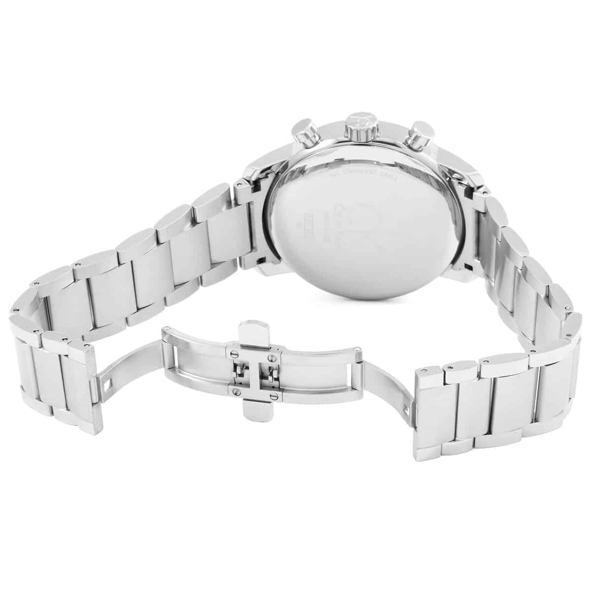Silver stainless steel three-link bracelet with deployment clasp fastening