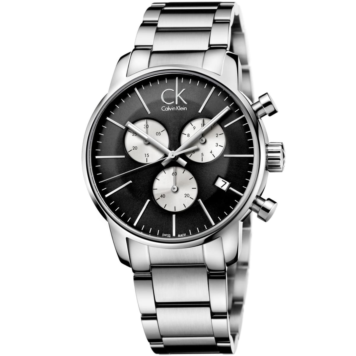 Calvin Klein City K2G2714X chronograph watch with black dial, silver subdials, and stainless steel bracelet