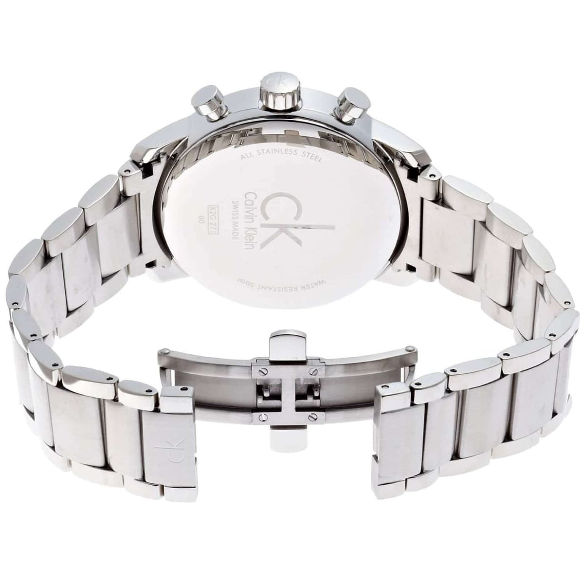 Case back of Calvin Klein City K2G2714X watch showing stainless steel back and bracelet attachment