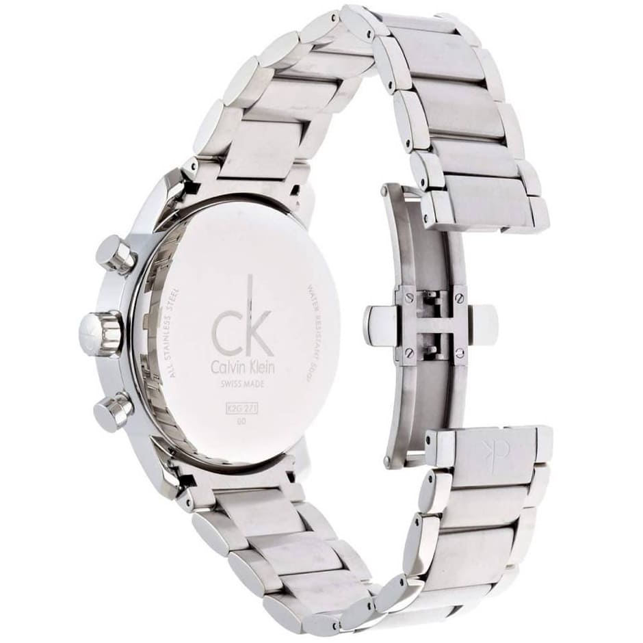 Side view of Calvin Klein City K2G2714X chronograph watch showing stainless steel bracelet profile