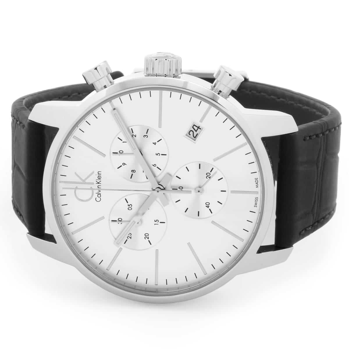Calvin Klein City watch angle view showing chronograph subdials and date window