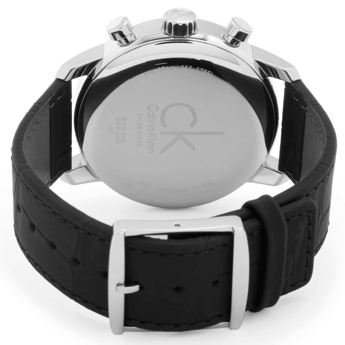 Calvin Klein City watch caseback showing engraved logo and stainless steel back
