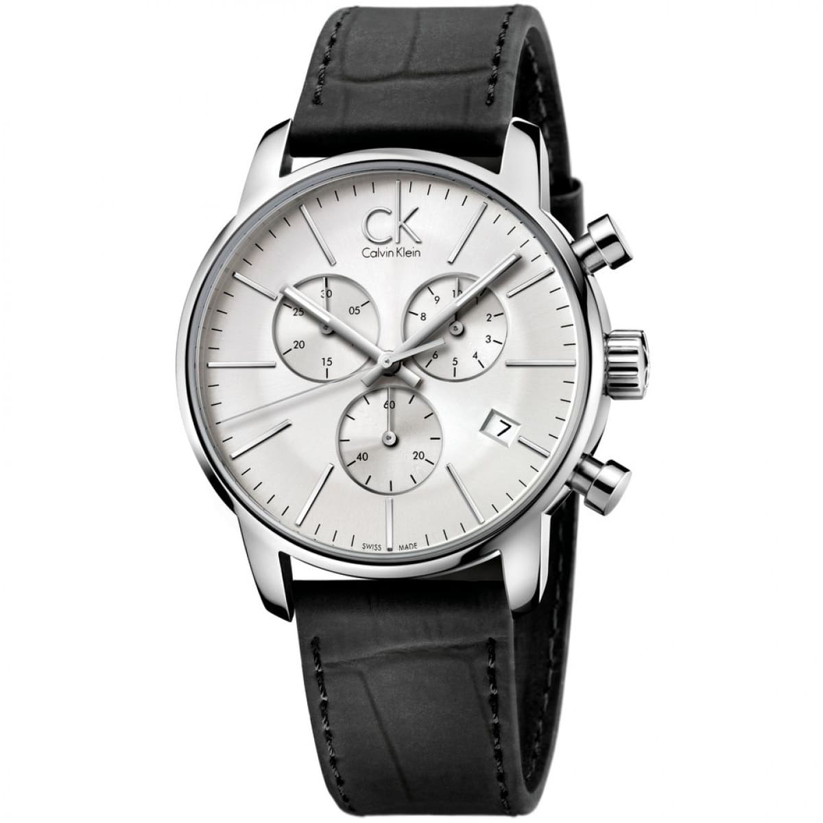 Calvin Klein City silver dial men's chronograph watch with black leather strap