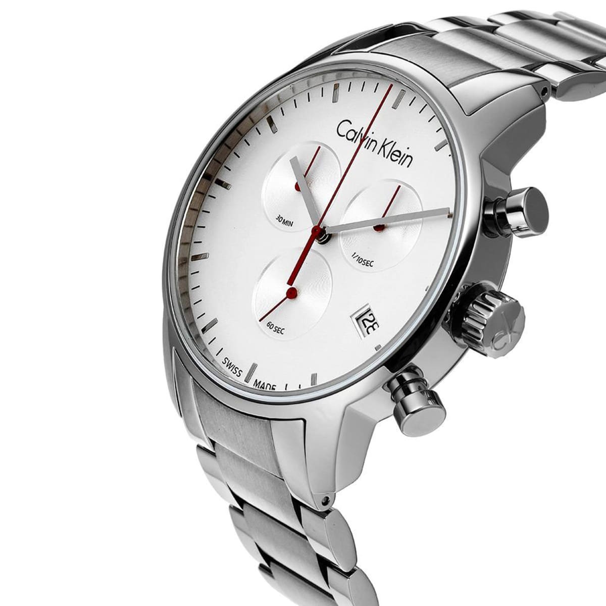 Calvin Klein Gent City chronograph watch at angle showing white dial and chronograph pushers