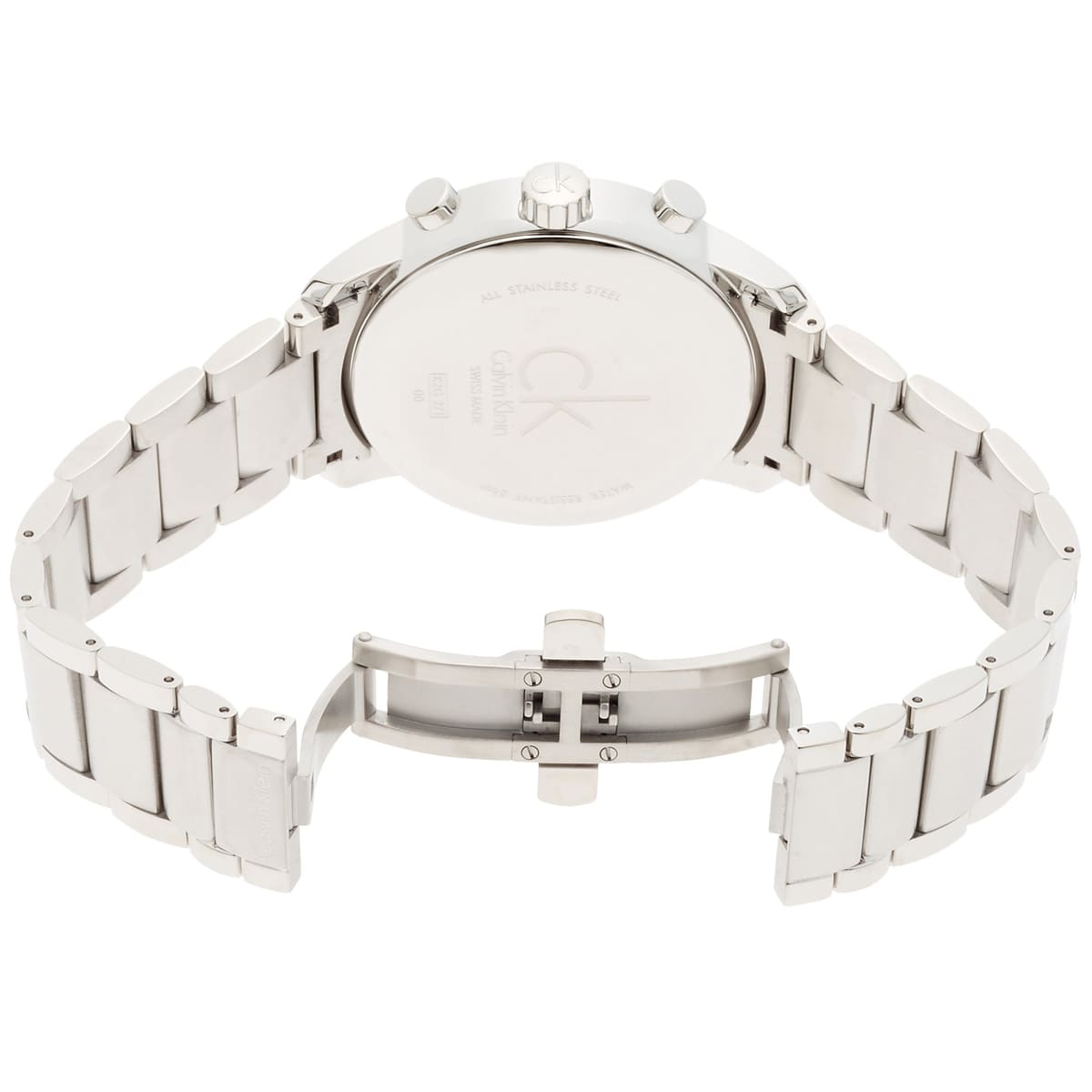 Caseback view of Calvin Klein Gent City showing stainless steel bracelet and clasp