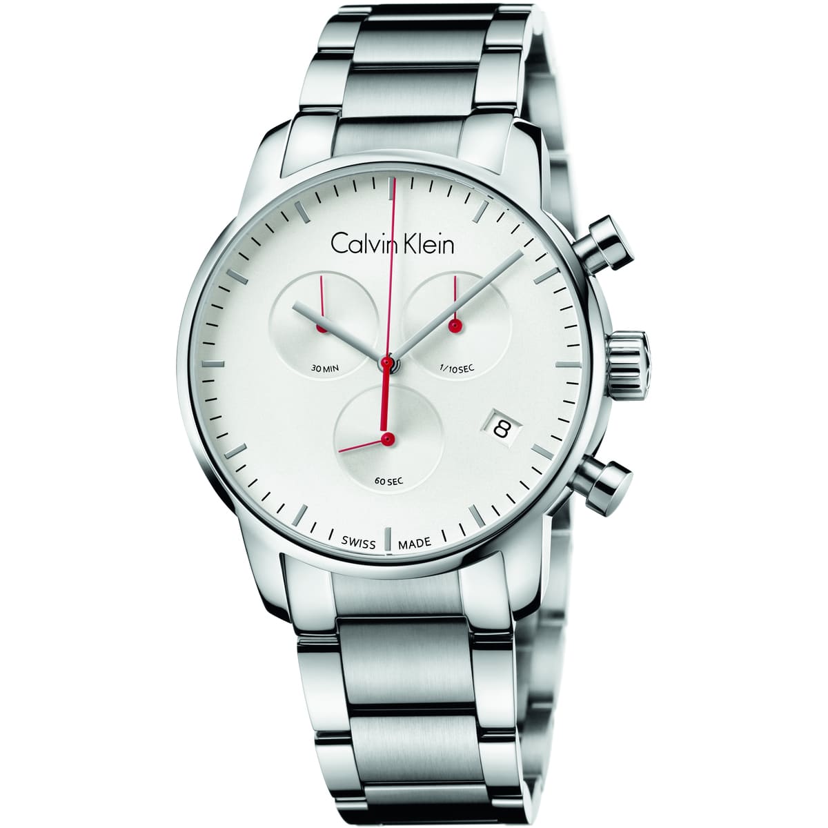 Calvin Klein Gent City chronograph watch with white dial, red accents, and silver stainless steel bracelet