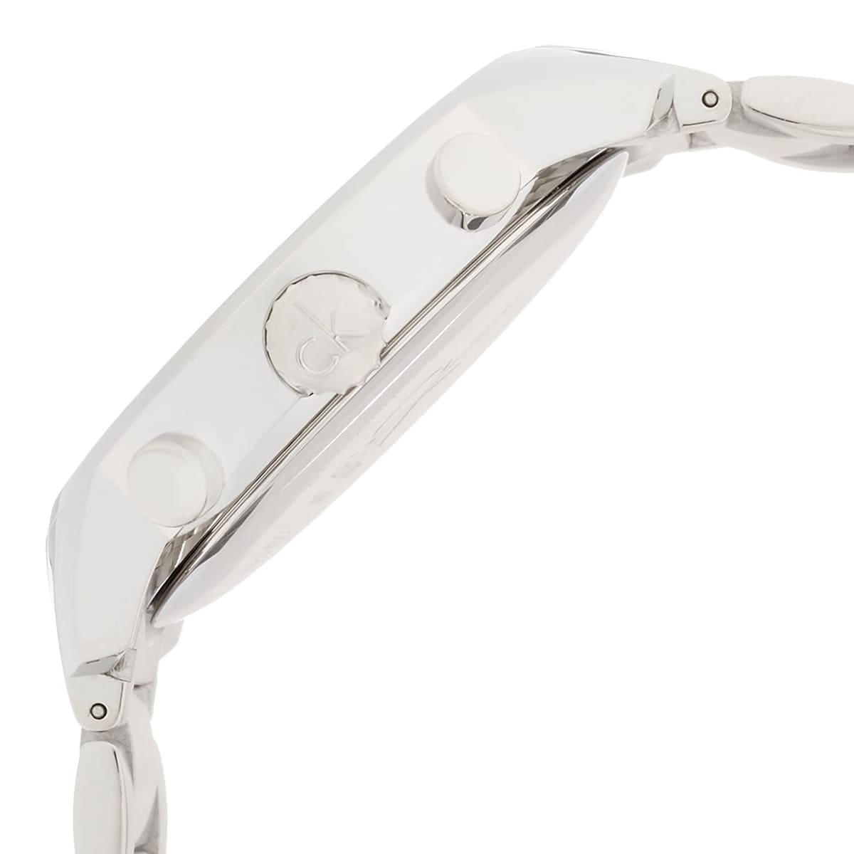 Side profile of Calvin Klein Gent City watch showing case thickness and stainless steel bracelet