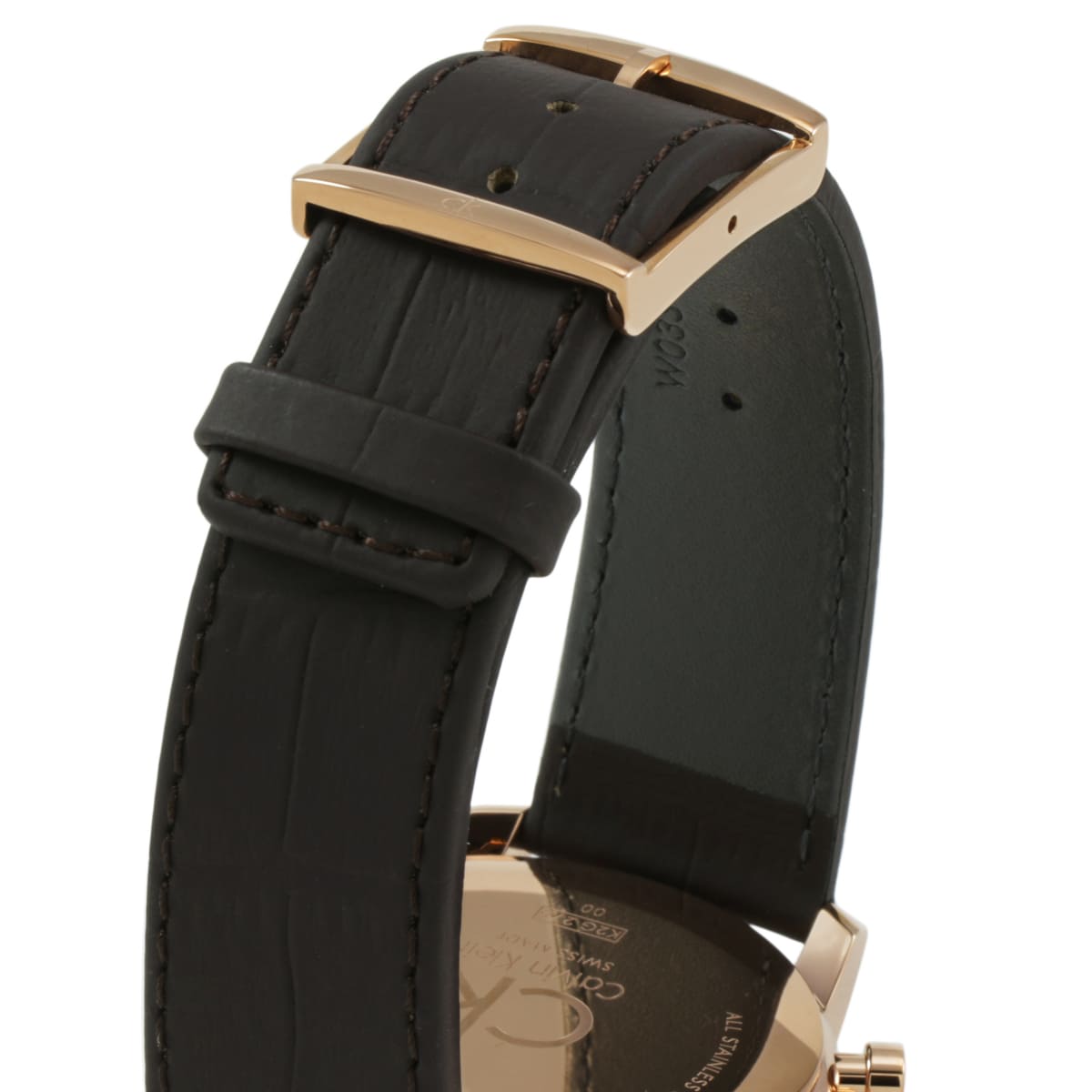 Brown leather strap with rose gold buckle detail on Calvin Klein watch