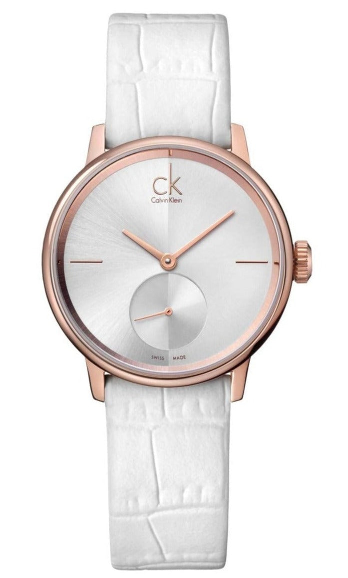 Calvin Klein Accent women's watch with silver dial, rose gold case, and white leather strap