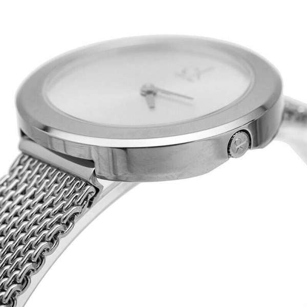 Close-up of Calvin Klein K3N23126 white dial with silver case and minimalist hour markers