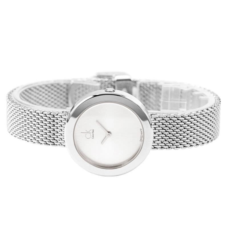 Calvin Klein Firm K3N23126 ladies watch flat lay with silver mesh band and minimalist face