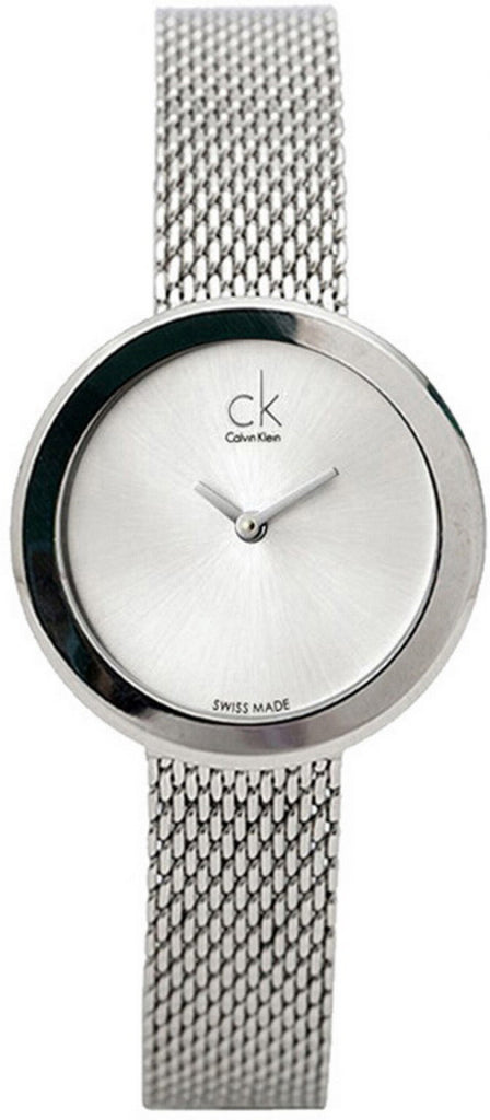 Calvin Klein K3N23126 watch face-on showing minimalist white dial and silver mesh strap