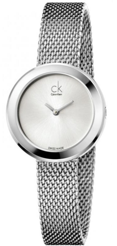 Calvin Klein Firm silver ladies watch with round white dial and mesh band