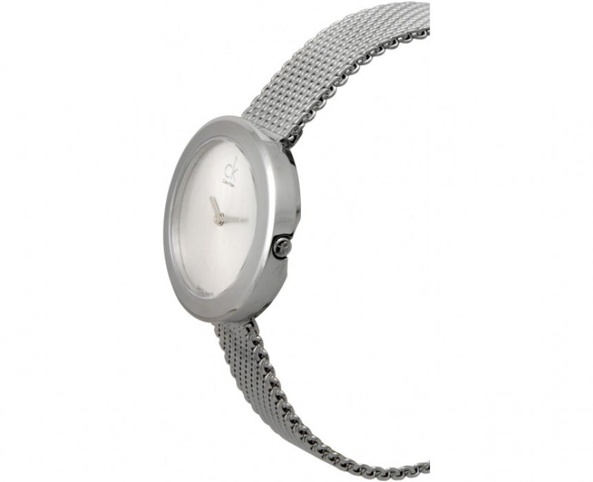 Calvin Klein Firm K3N23126 watch side view with silver case and mesh bracelet