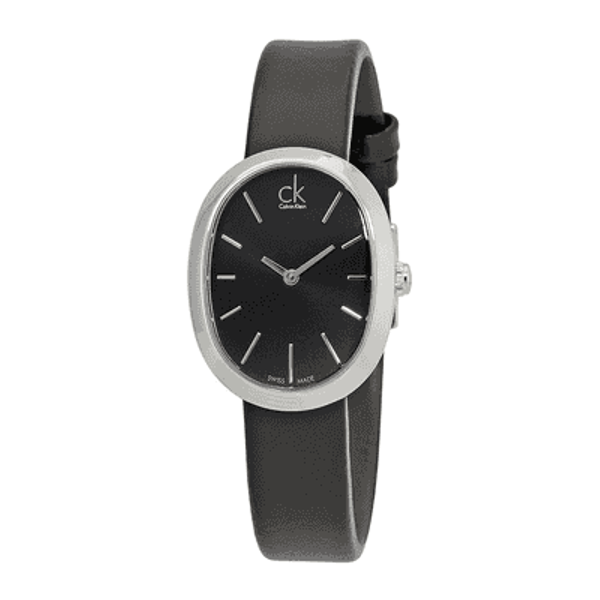 Calvin Klein Incentive watch angled view showing black leather strap and silver case